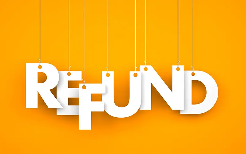 Letters spelling out the word "Refund" on a yellow background